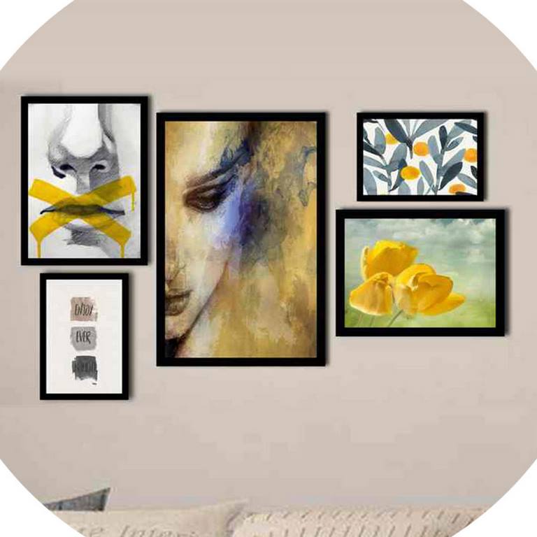 تابلو مدرن طرح نقاشی آبرنگ و گل لاله باتم زرد مدل 194 مجموعه 5 عددی