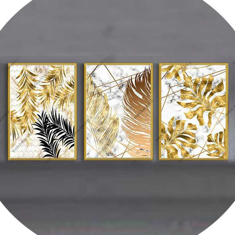 تابلو مدرن طرح ورق طلا برگ انجیری مدل 301 مجموعه 3 عددی